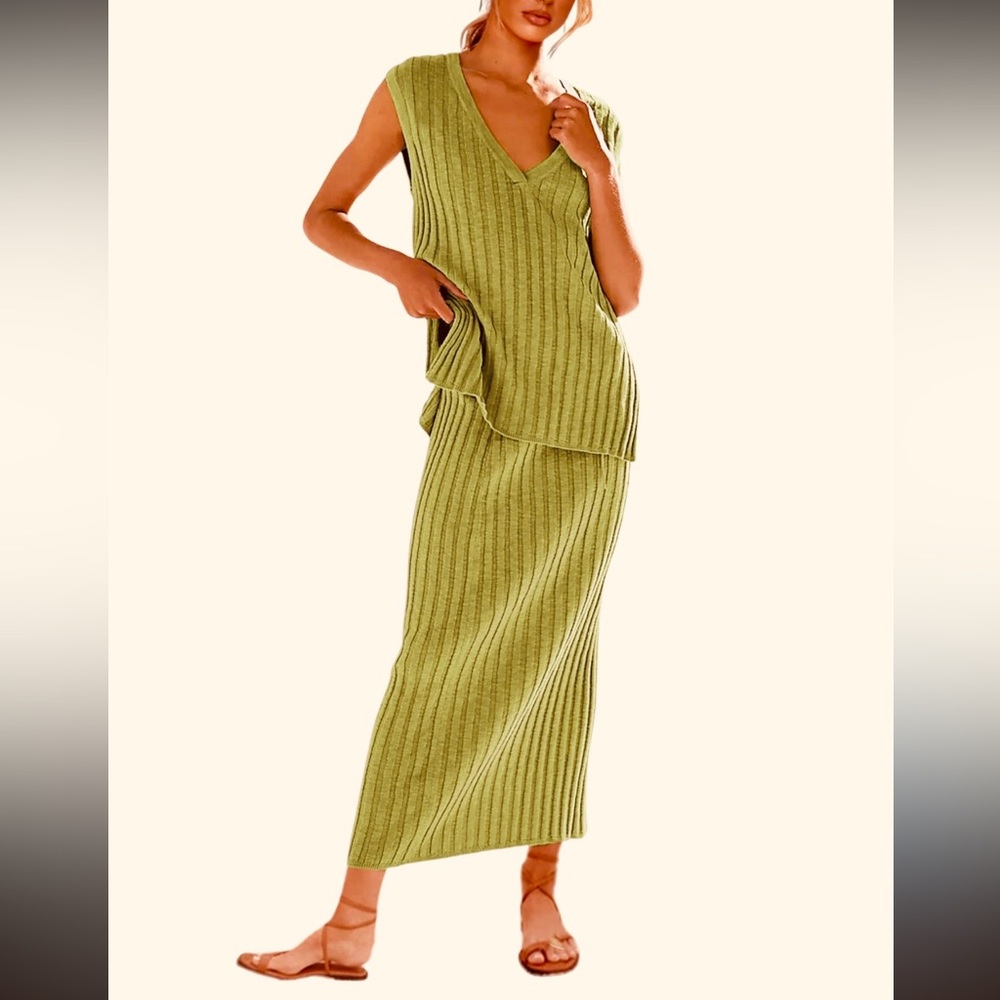 Chartreuse Ribbed Knit Sweater Vest Skirt Set
